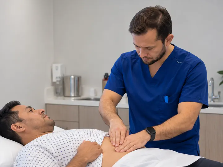 El Dr. Said Paul de la Paz hace una exploración abdominal a un paciente