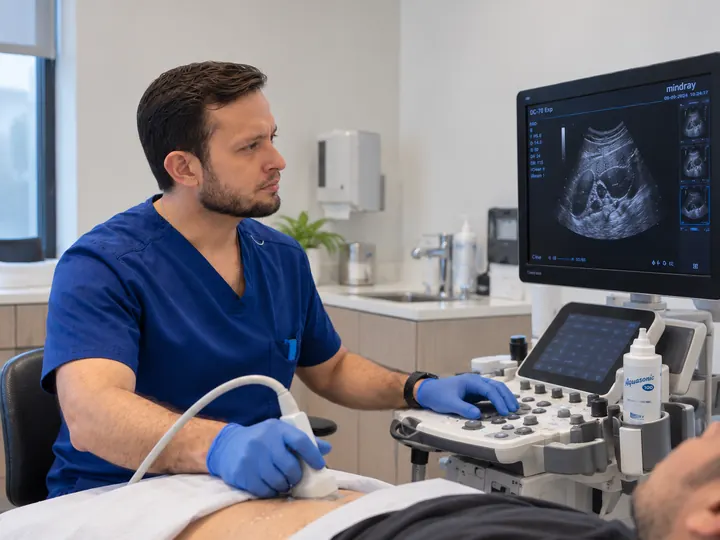 El Dr. Said Paul de la Paz realiza un ultrasonido renal en el consultorio